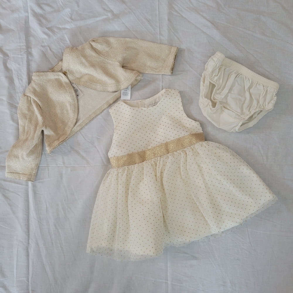 Just One You 3pc Ivory & glitter gold polkadot dress w/ gold cardigan 3m